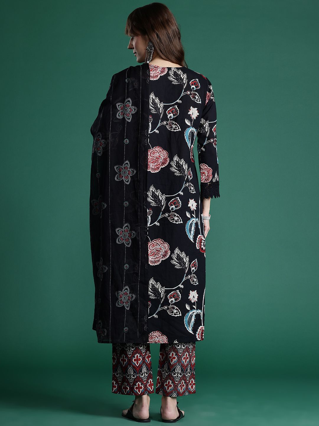 Indo Era Floral Printed Sequinned Pure Cotton Kurta With Trousers & Dupatta