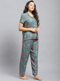 Monte Carlo Floral Printed Lapel Collar Night suit