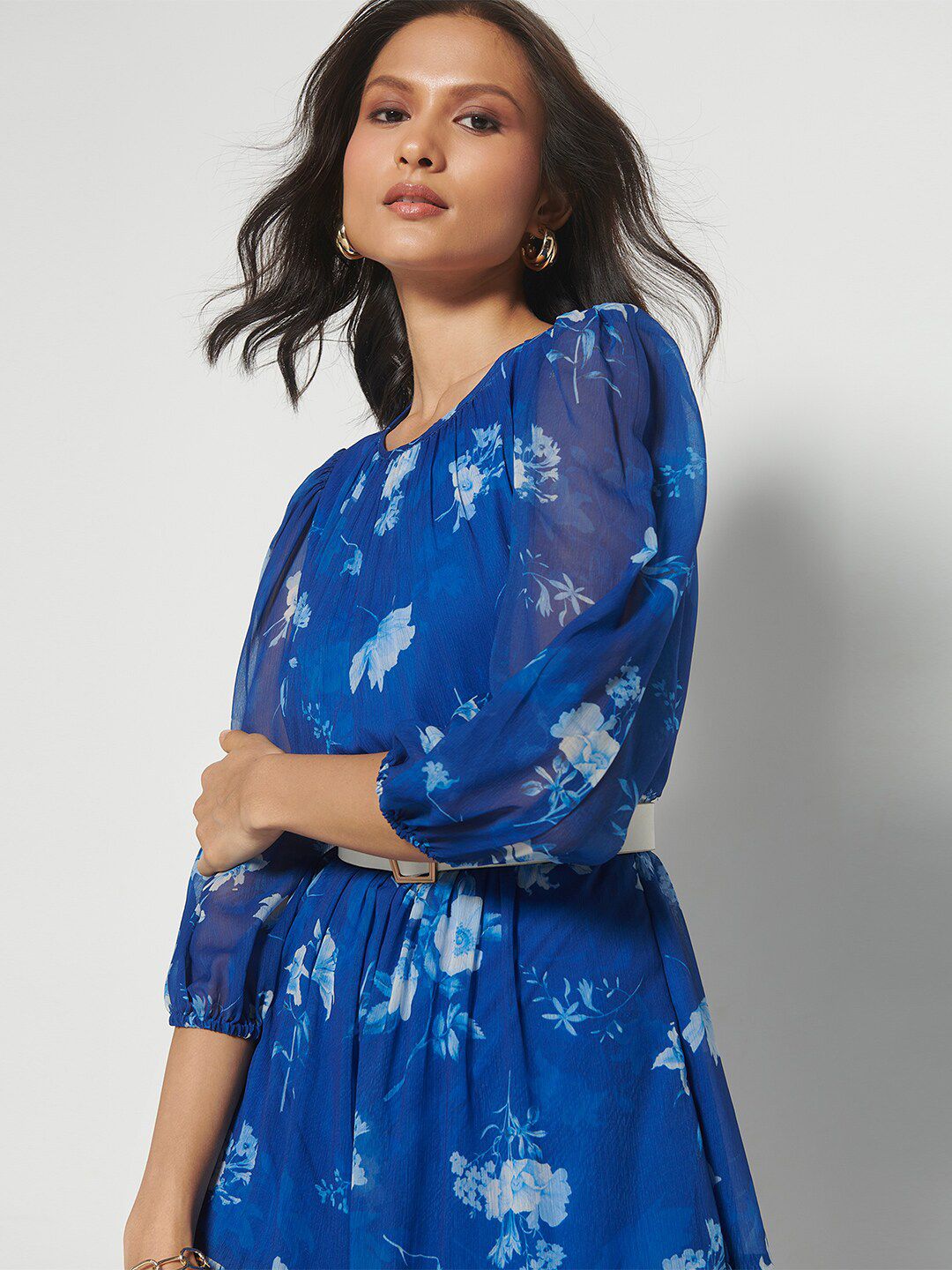 AND Floral Printed Puff Sleeves Gathered Detailed Fit & Flare Dress