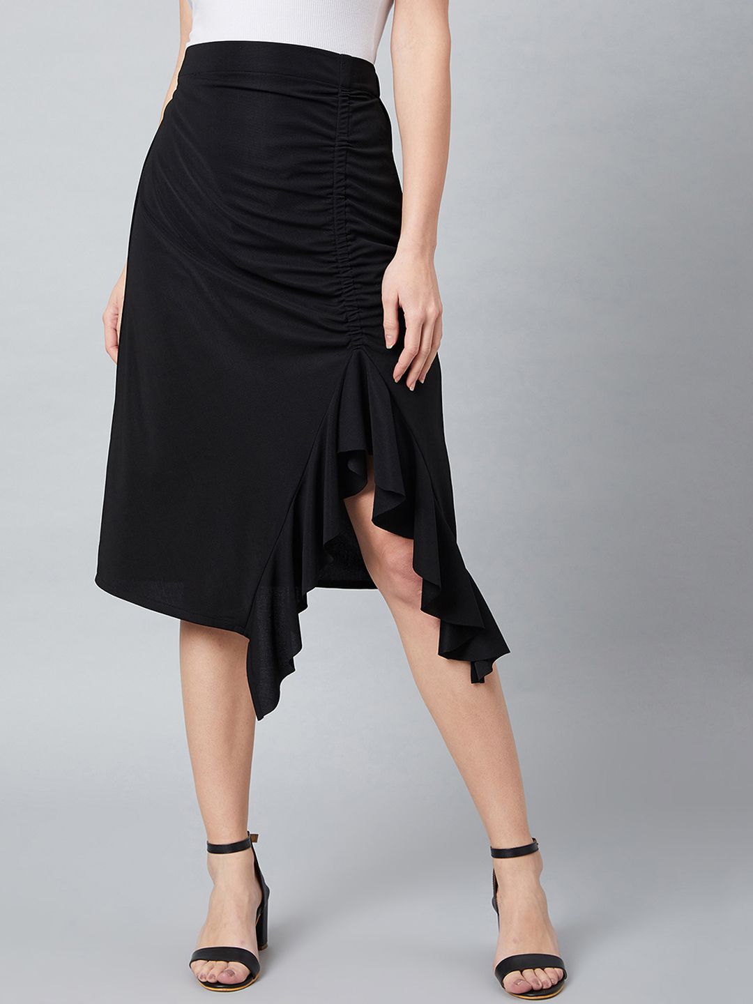 Athena Black A-Line Midi Skirt With Front Frill Detail