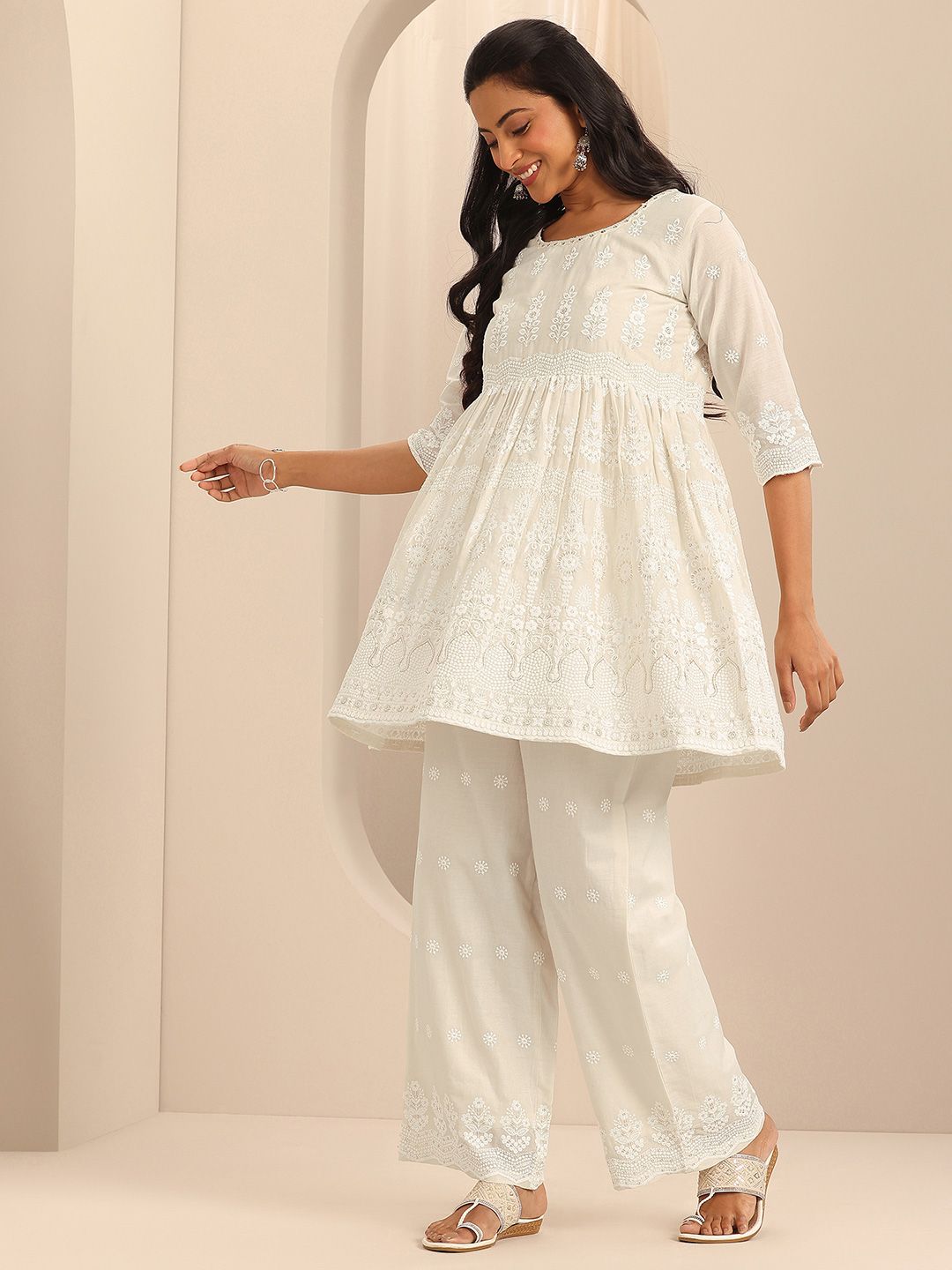 Libas Cotton Embroidered Round neck Tunic Top and Slip on Palazzo