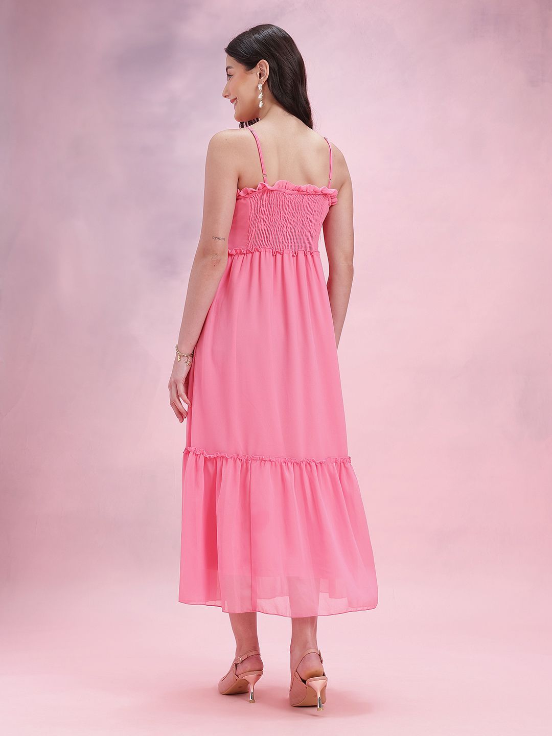 DressBerry Shoulder Straps Pleated Smocked A-Line Midi Dress