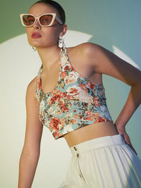 Berrylush Blue Floral Printed Halter Neck Fitted Crop Top