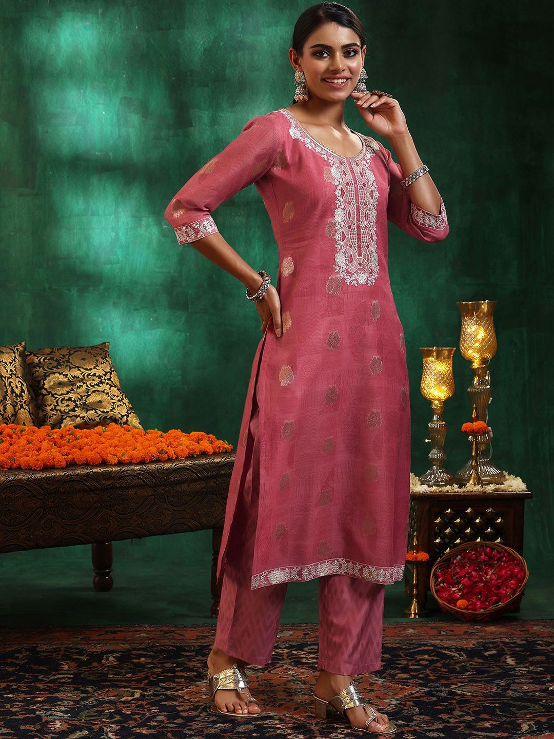 Libas Women Ethnic Motifs Regular Sequinned Kurta with Trousers & With Dupatta