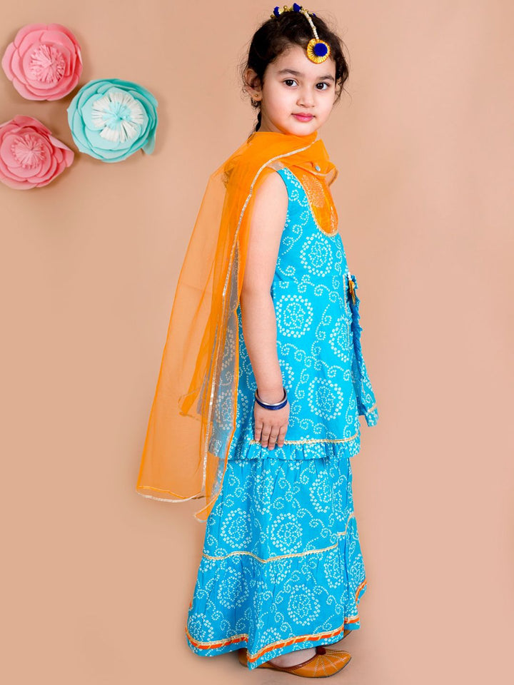 pspeaches Girls Blue Bandhani Printed Panelled Gotta Patti Pure Cotton Kurti with Sharara & With Dupatta