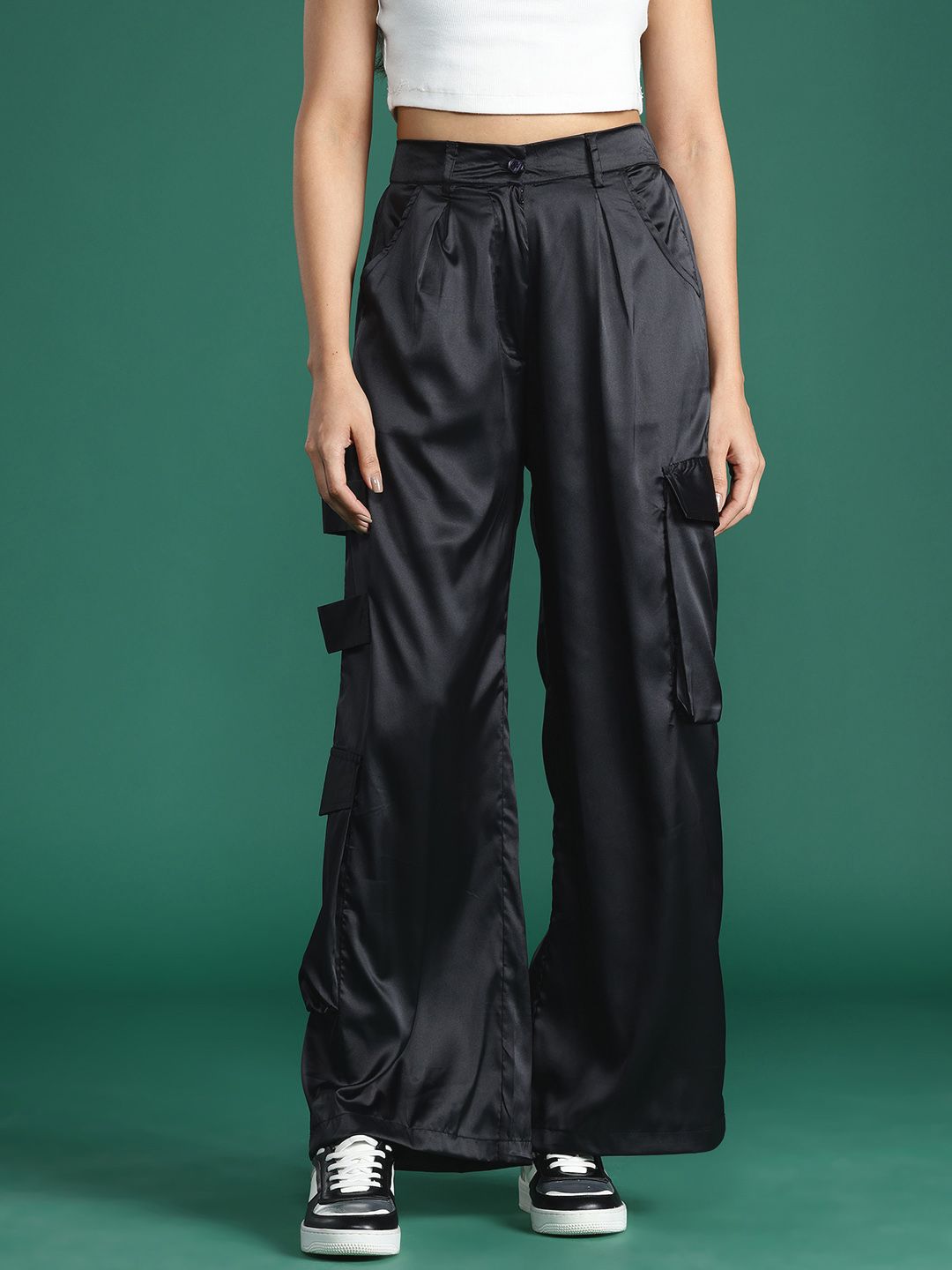 DressBerry Women Satin Finish Cargo Style Pleated Trousers