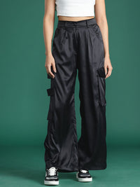 DressBerry Women Satin Finish Cargo Style Pleated Trousers