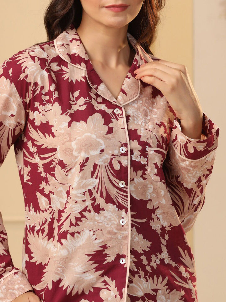 SANSKRUTIHOMES Maroon & Beige Floral Printed Pure Cotton Night Suit