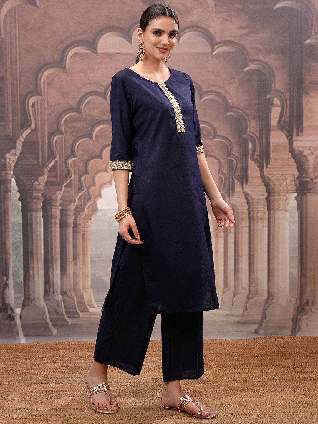 Vishudh Navy Blue Mirror Work Zari Straight Kurta with Palazzo & Dupatta