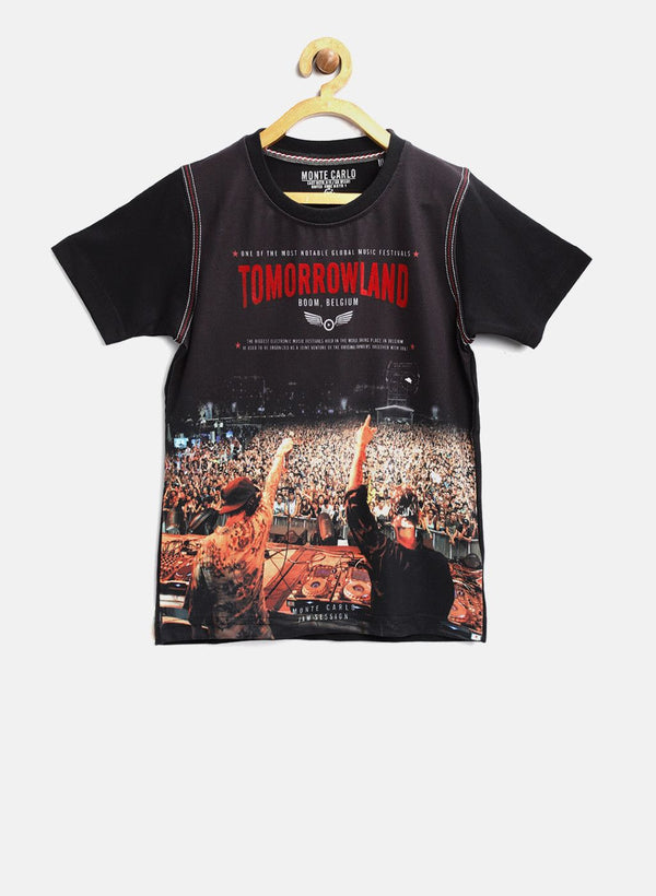 Black Printed Round Neck T-Shirt