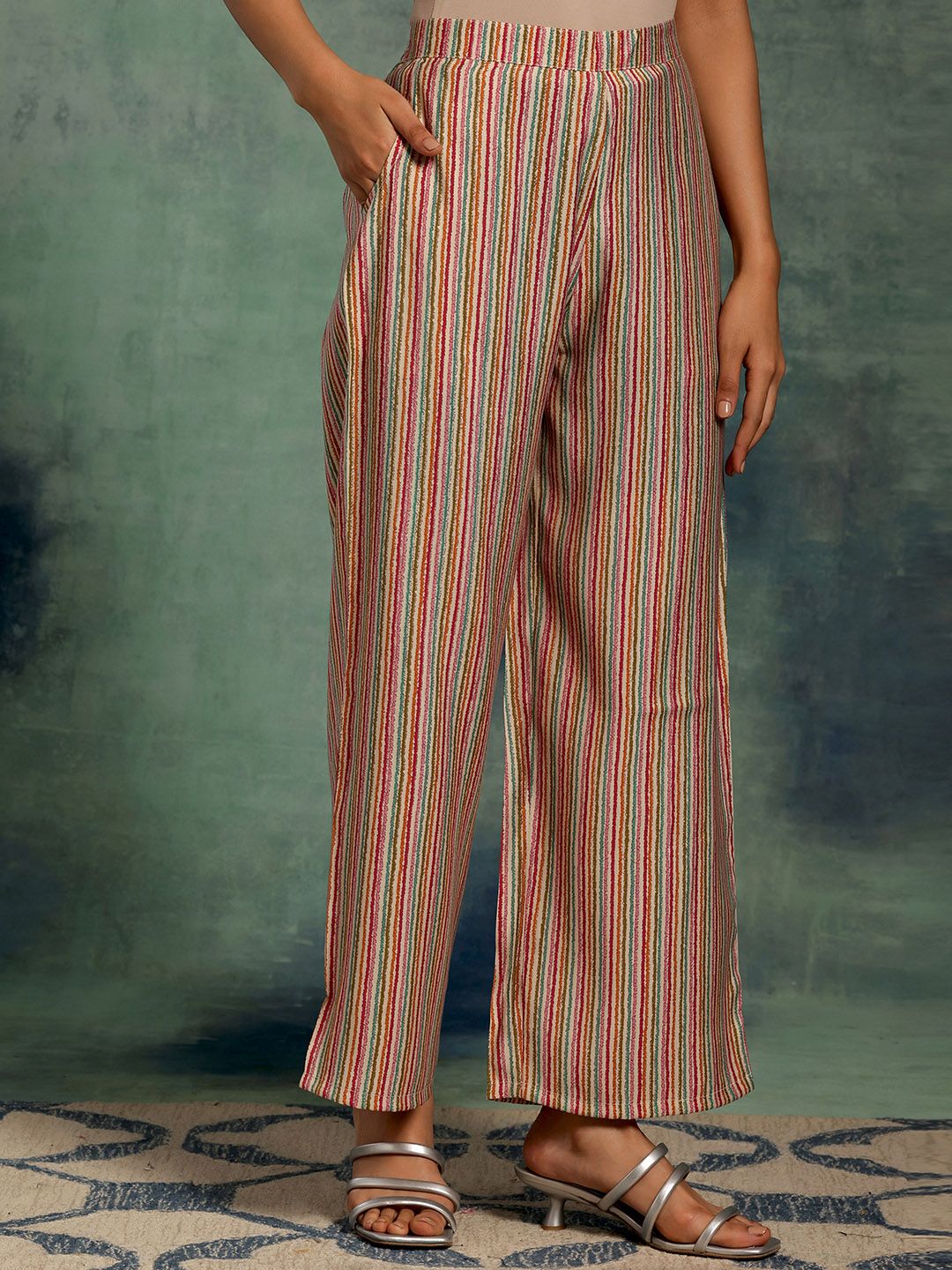 Libas Beige Floral Printed Gotta Patti Pleated A-Line Kurta with Palazzos