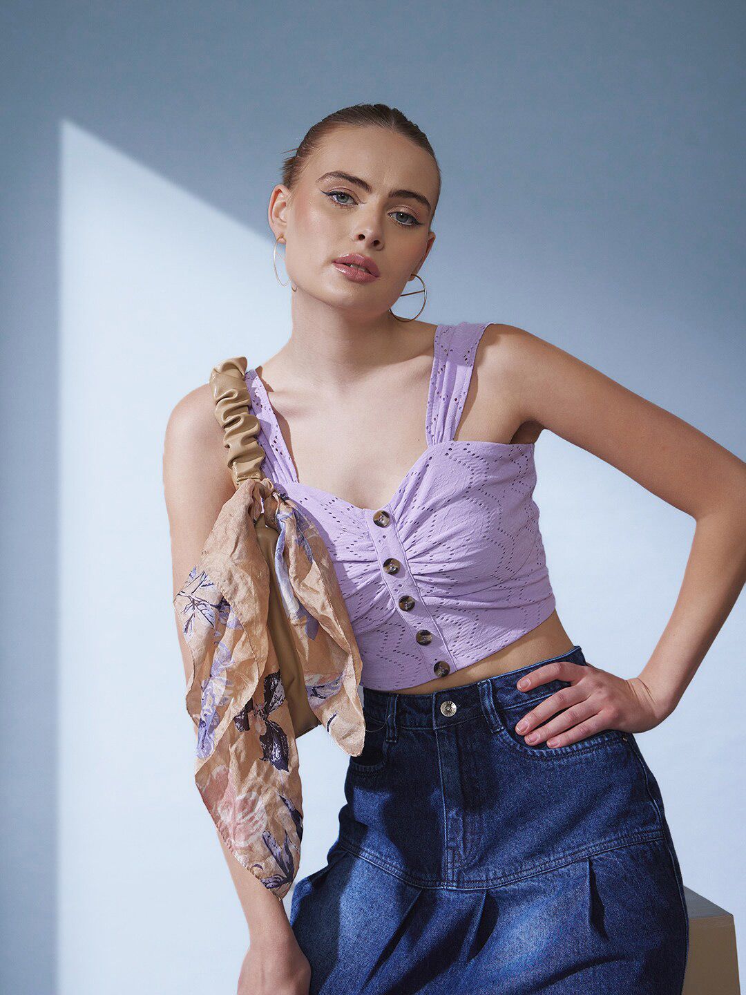 STREET 9 Shoulder Straps Schiffli Fitted Crop Top