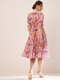 Antheaa Floral Printed V-Neck Puff Sleeves Beads Detail Chiffon Fit & Flare Dress