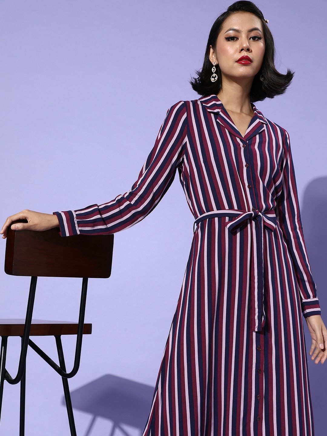 DressBerry Women Navy Blue & Maroon Striped A-Line Midi Dress