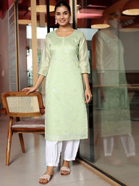 Libas Round Neck Thread Work Chanderi Silk Straight Kurta