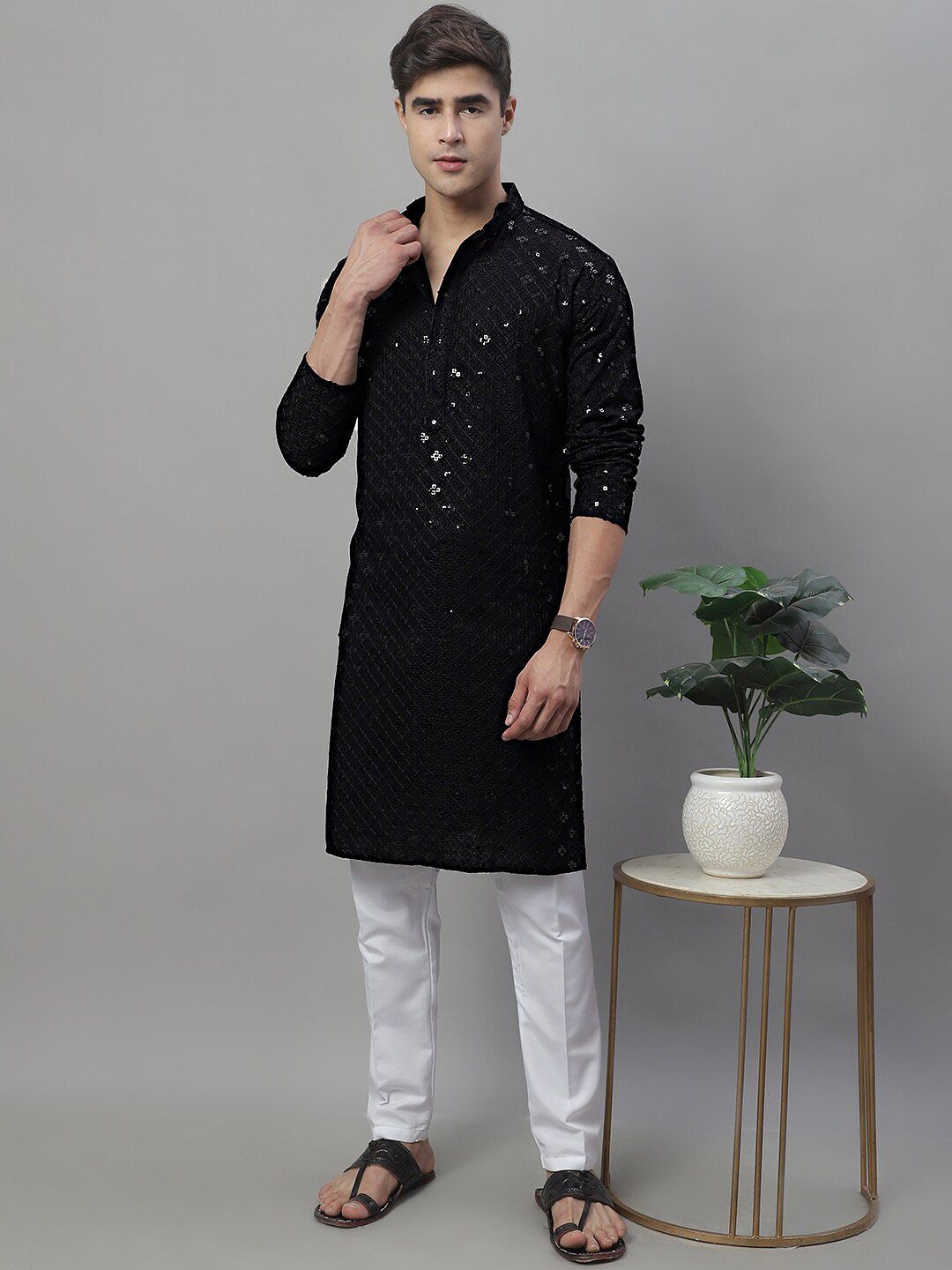 Jompers Mandarin Collar Ethnic Motifs Chikankari Sequined Kurta