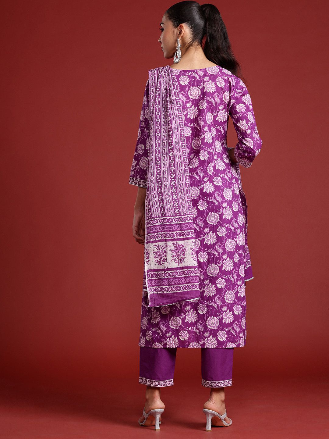 Indo Era Floral Printed Mirror Work Pure Cotton Kurta With Trousers & Dupatta