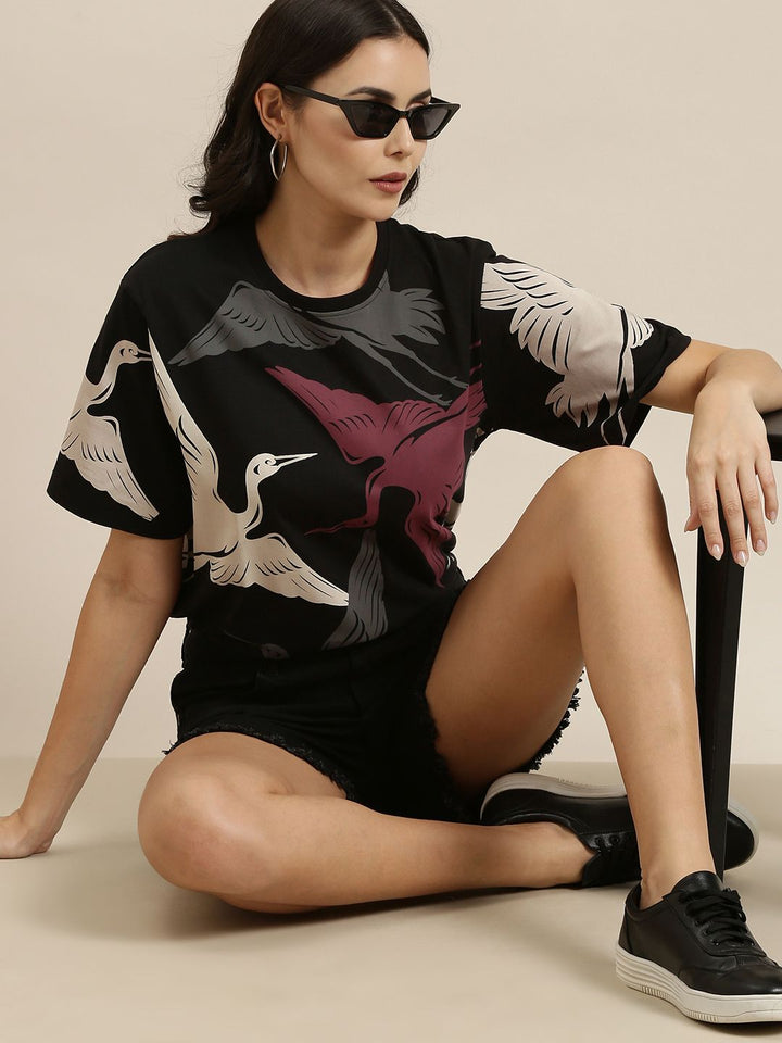 Difference of Opinion Women Black Conversational Printed Pure Cotton Oversized T-shirt