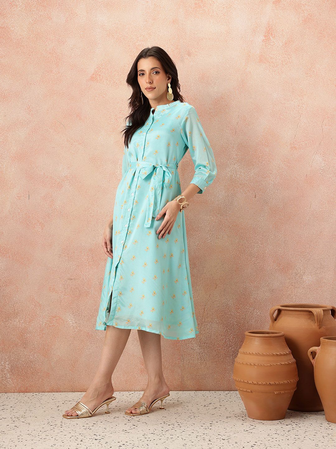 all about you Printed Belted Satin Finish Ethnic Shirt Midi Dress