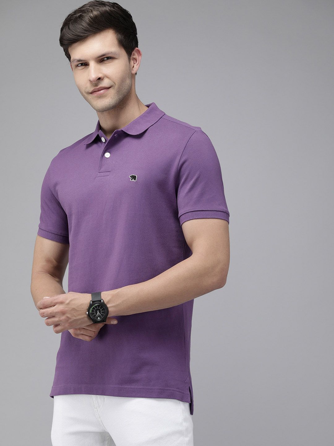 THE BEAR HOUSE Men Lavender Polo Collar Pure Cotton Slim Fit T-shirt