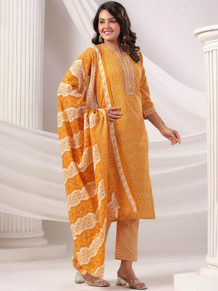 Indo Era Women Bandhani Printed Regular Mirror Work Kurta Trousers With Dupatta