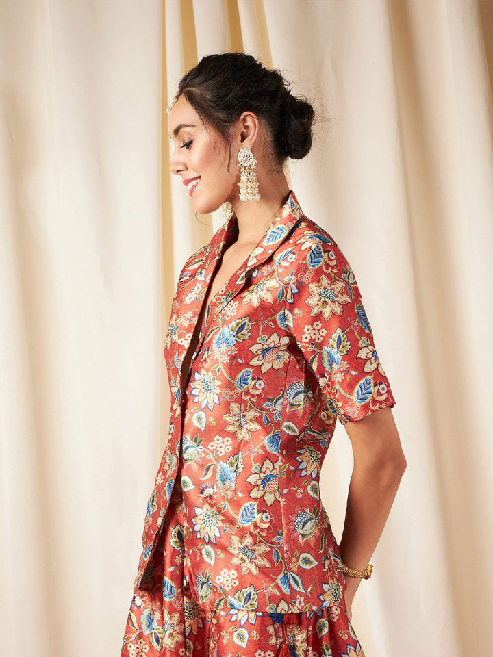 Shae by SASSAFRAS Women Rust Orange Floral Printed Single Breasted Blazer