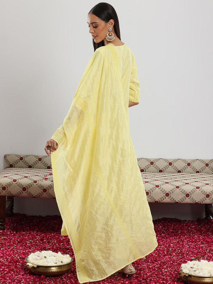 Libas Yellow Geometric Embroidered Sequinned Straight Kurta With Trousers & Dupatta