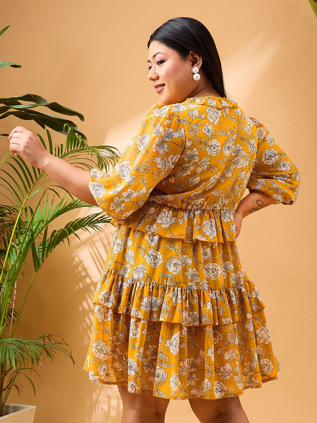 SASSAFRAS Curve Plus Size Floral Printed V-Neck Puff Sleeves Ruffle Georgette A-Line Dress