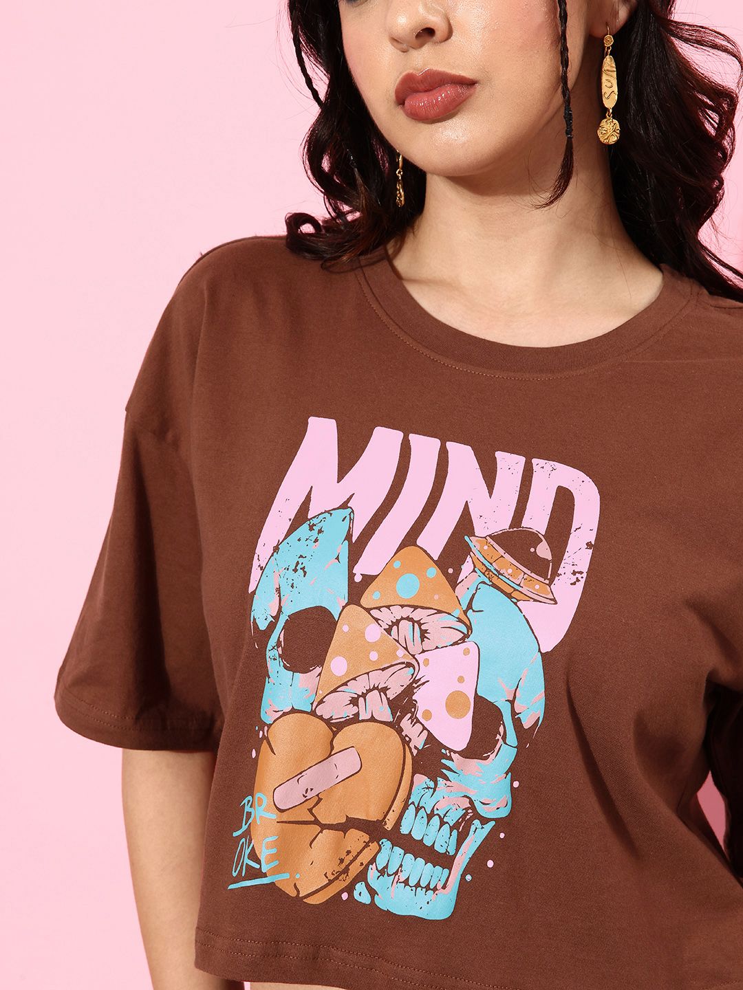 DressBerry Women Printed Drop-Shoulder Pure Cotton Crop T-shirt