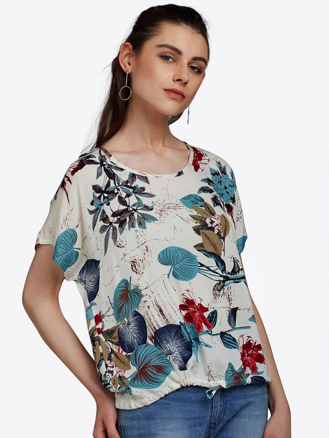 Berrylush White Floral Crepe Boxy Top