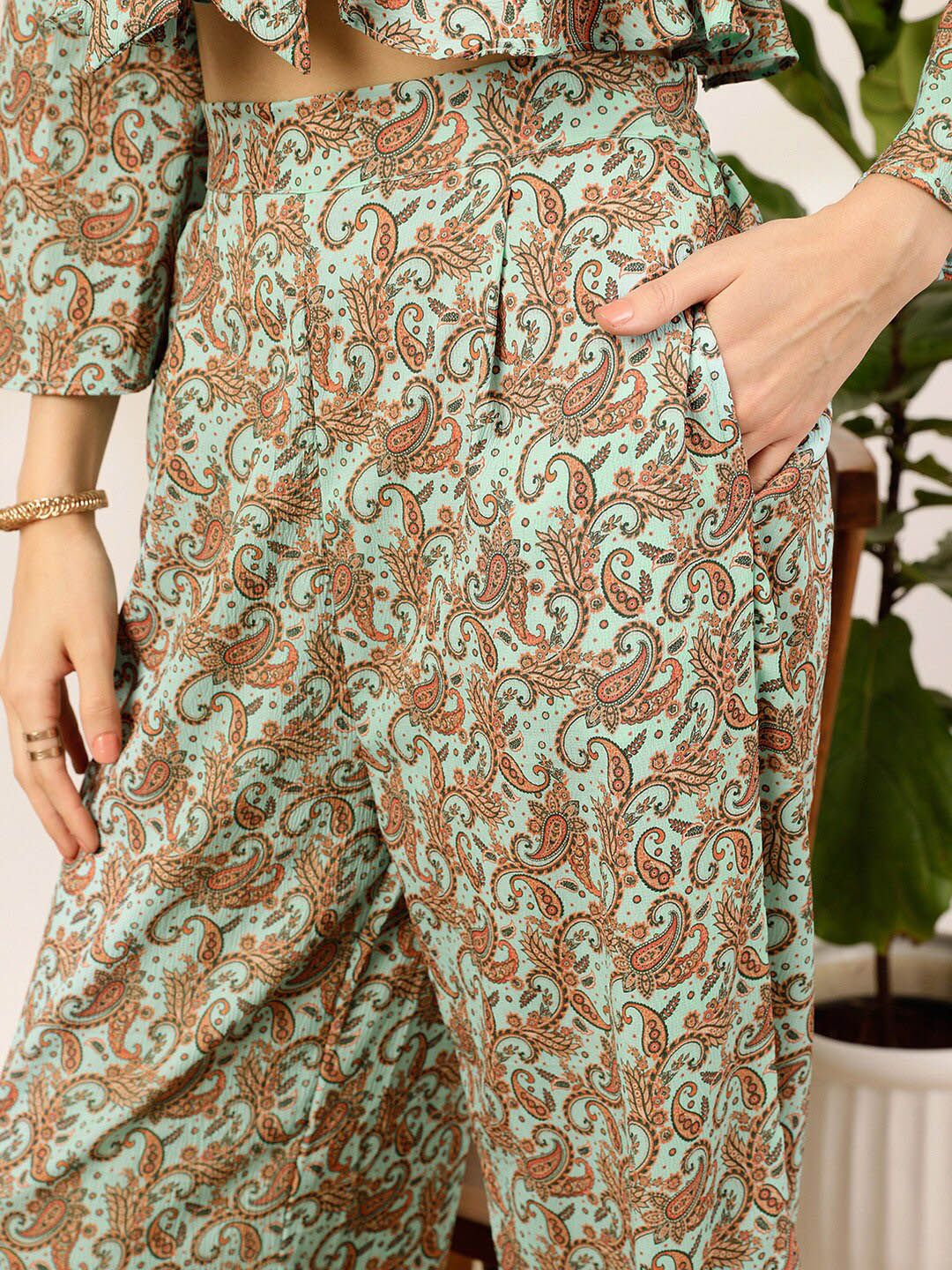 STREET 9 Green Floral Printed V-Neck Top & Palazzos