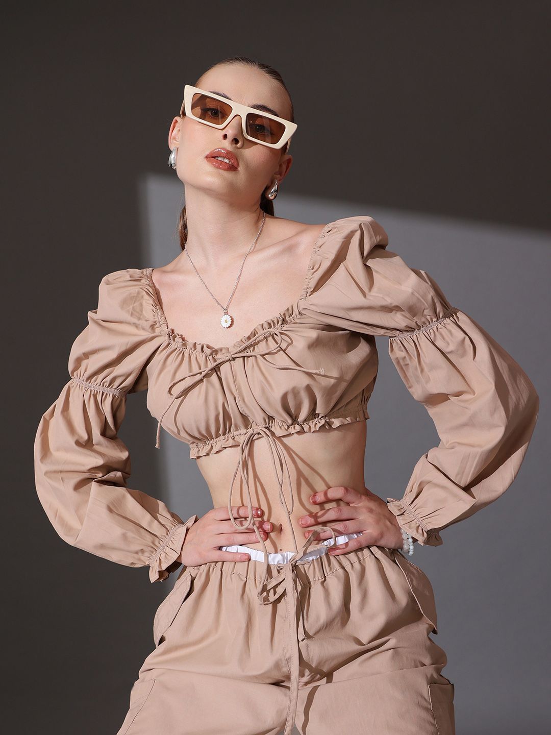 STREET 9 Sweetheart Neck Puff Sleeves Print Cotton Top