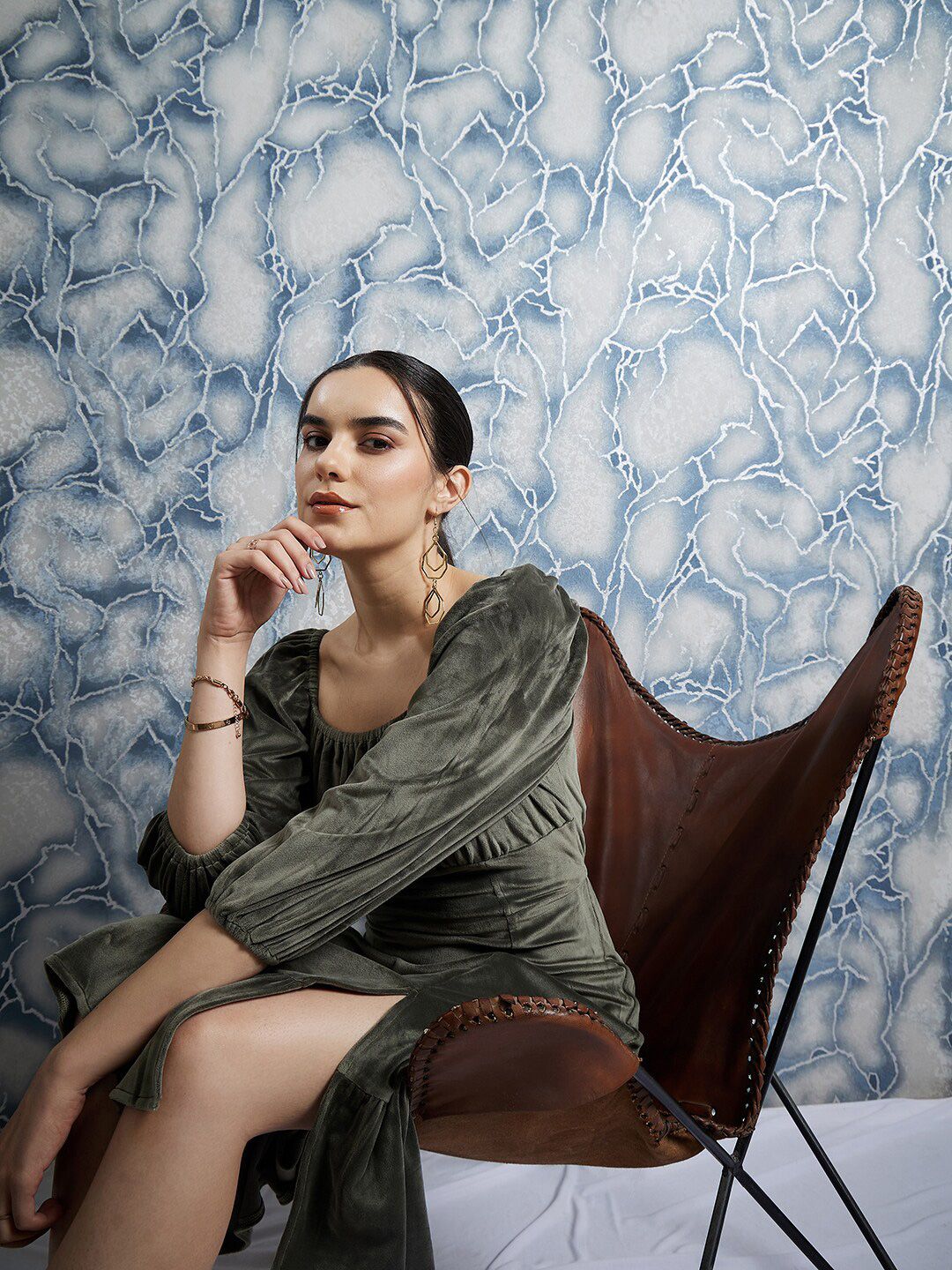 Athena Olive Green Square Neck Puff Sleeves Gathered Detailed Midi Sheath Dress