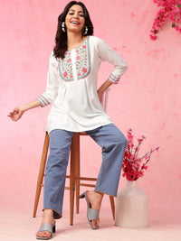Anouk White Floral Embroidered Thread Work Liva Straight Short Kurti
