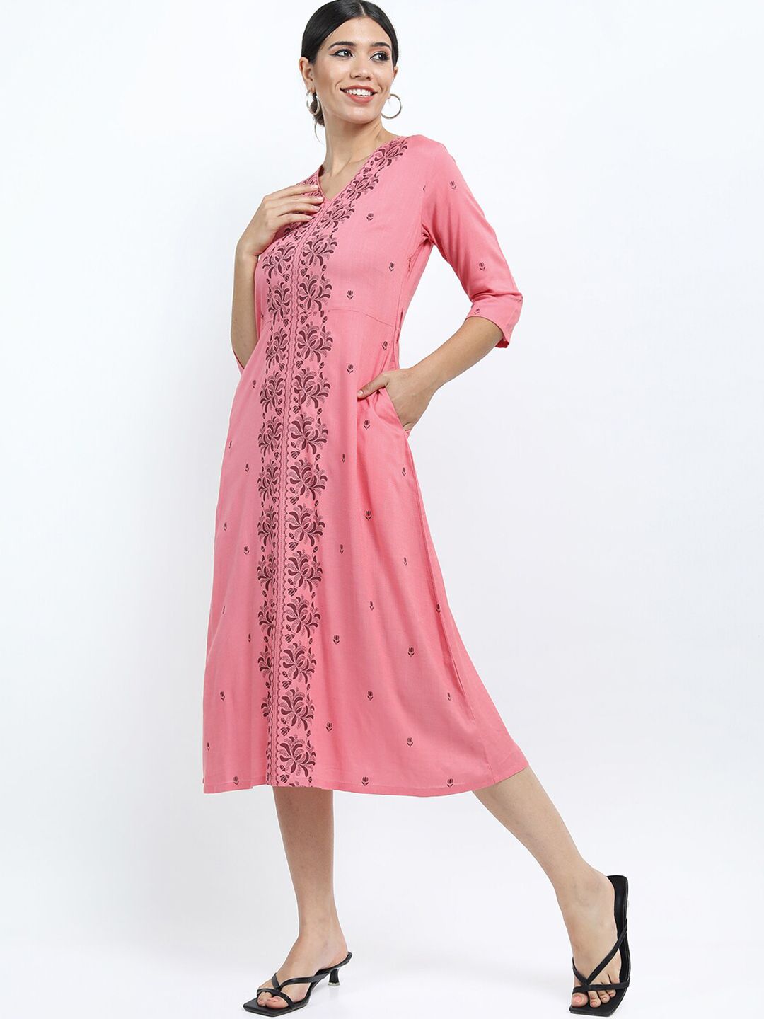 Vishudh Pink Floral Ethnic A-Line Midi Dress