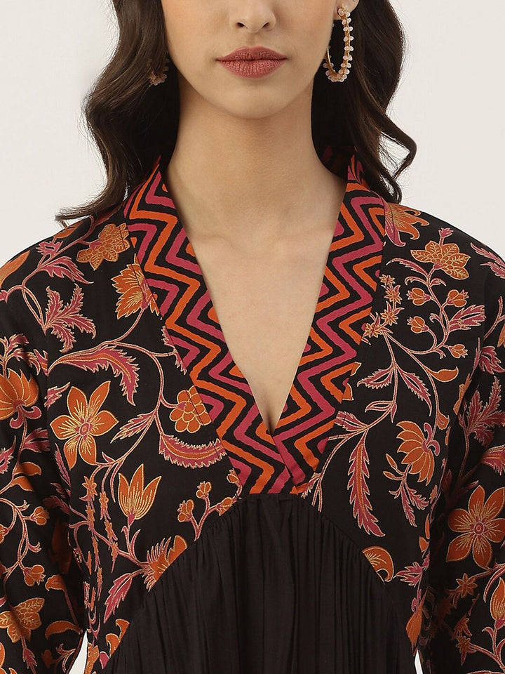 Rustorange Black Ethnic Motifs A-Line Gathered Midi Dress