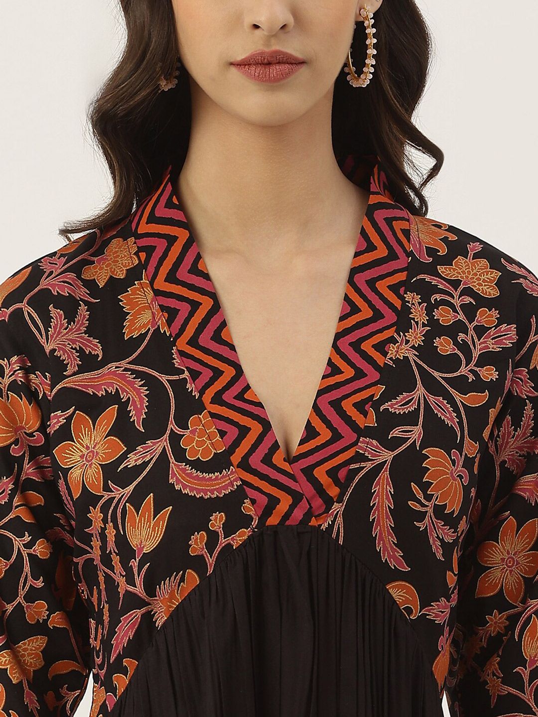 Rustorange Black Ethnic Motifs A-Line Gathered Midi Dress