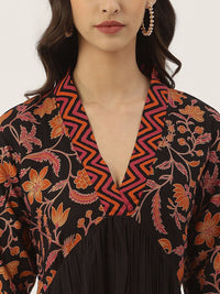 Rustorange Black Ethnic Motifs A-Line Gathered Midi Dress