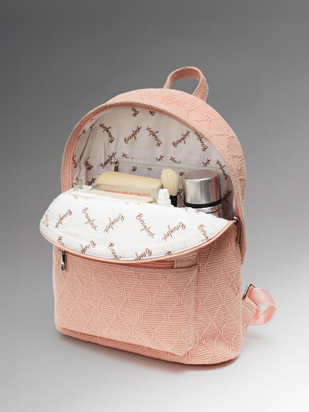 Berrylush Pink Women Textured Fabric Backpack