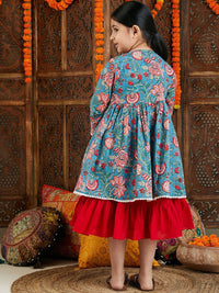 VASTRAMAY Girls Shoulder Straps Cotton Fit & Flare Dress With Floral Printed Shrug