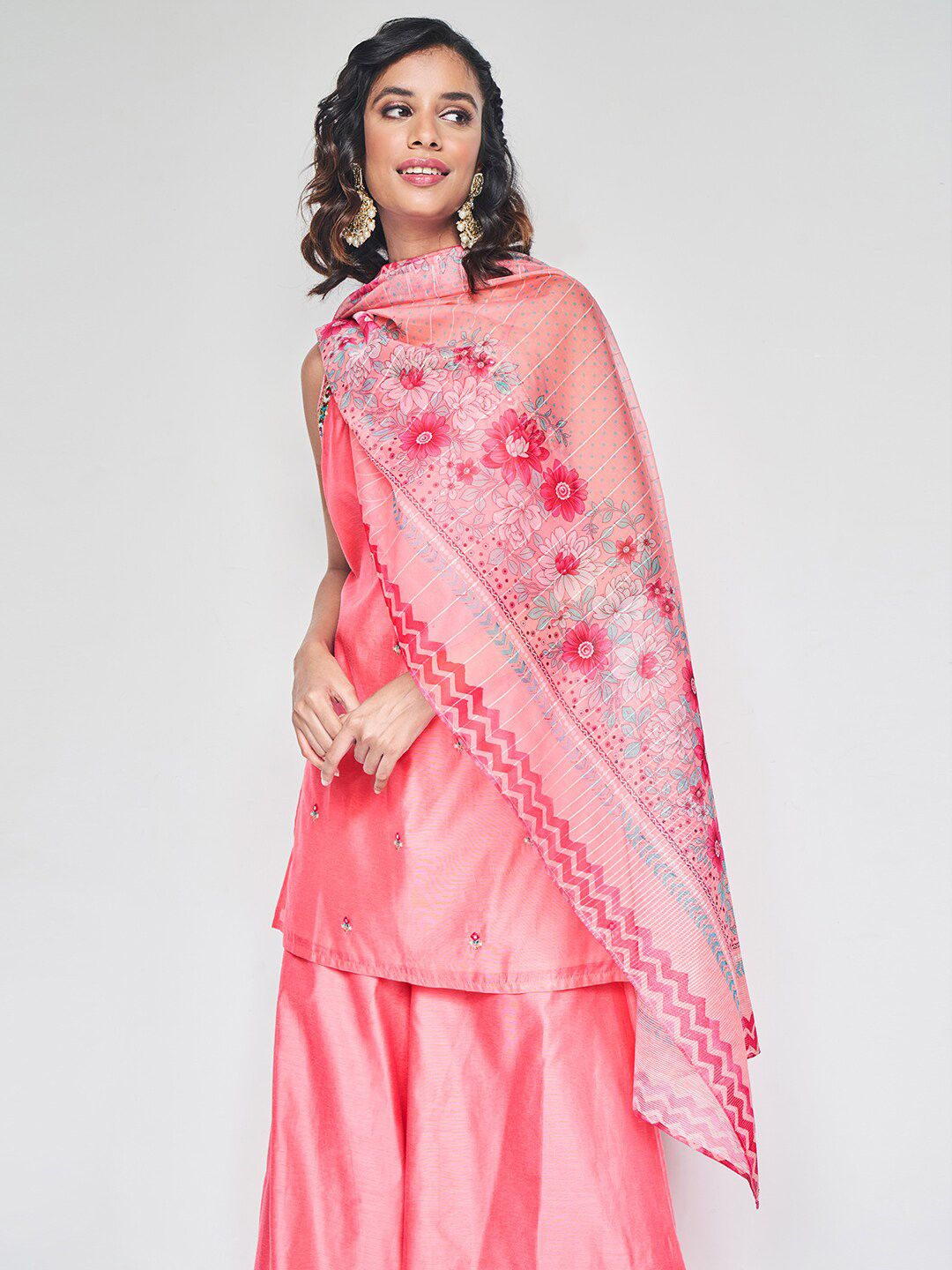 Global Desi Floral Embroidered Thread Work Kurti With Palazzos & Dupatta