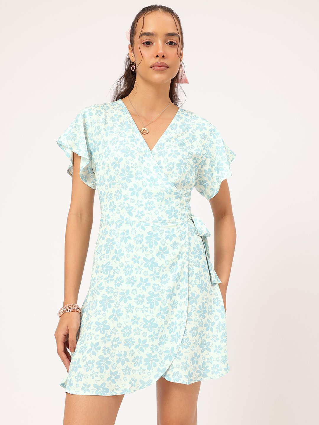 DressBerry Floral Frenzy Fluttery Wrap Mini Dress