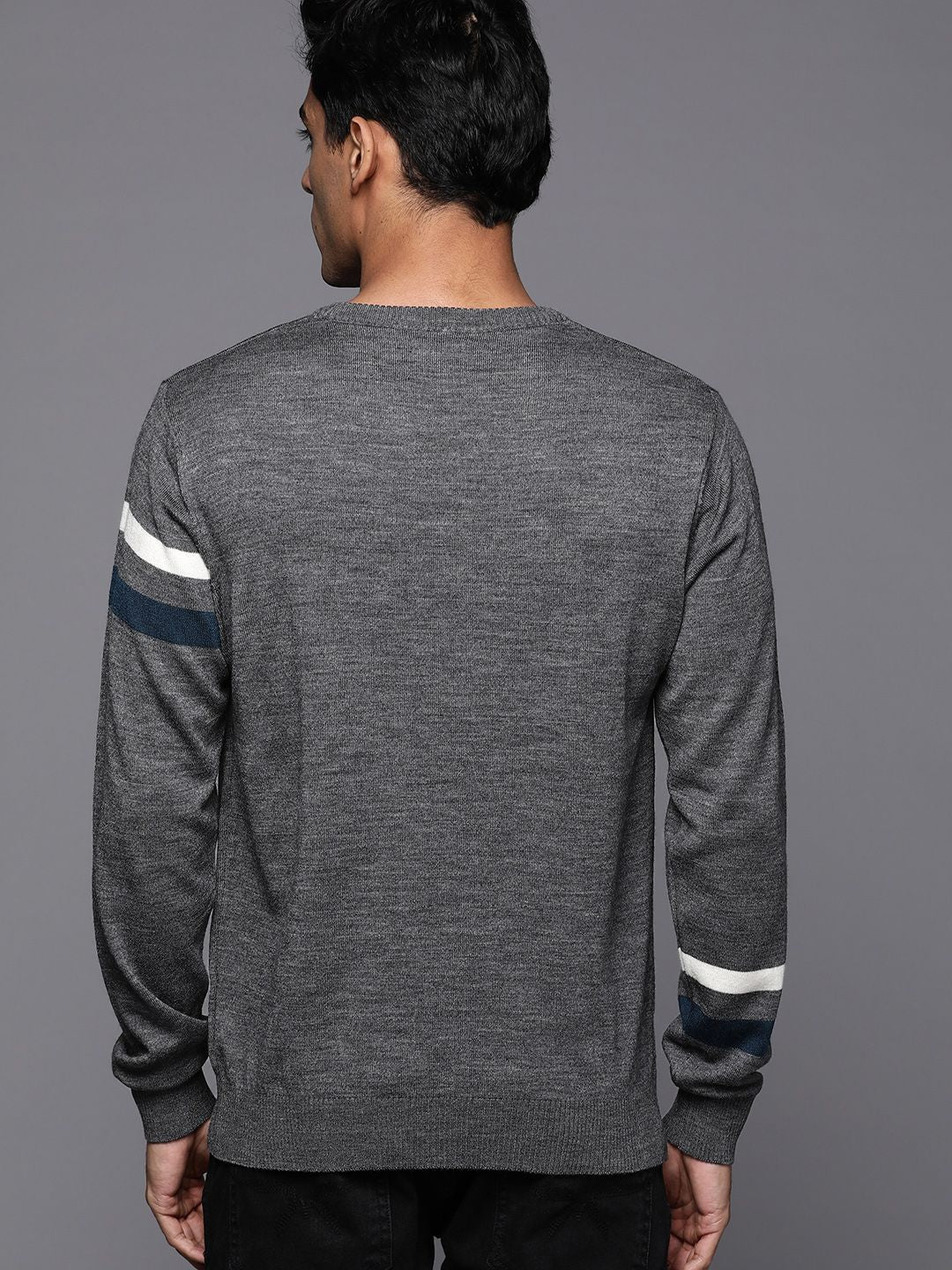 Raymond Men Charcoal Grey & White Striped Striped Pullover