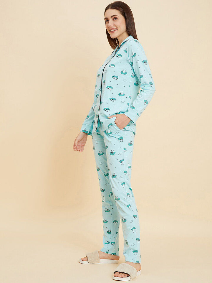 Sweet Dreams Green & White Conversational Printed Pure Cotton Night suit