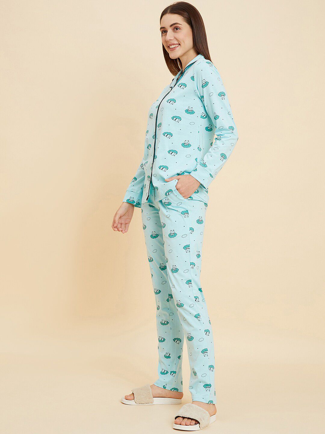 Sweet Dreams Green & White Conversational Printed Pure Cotton Night suit