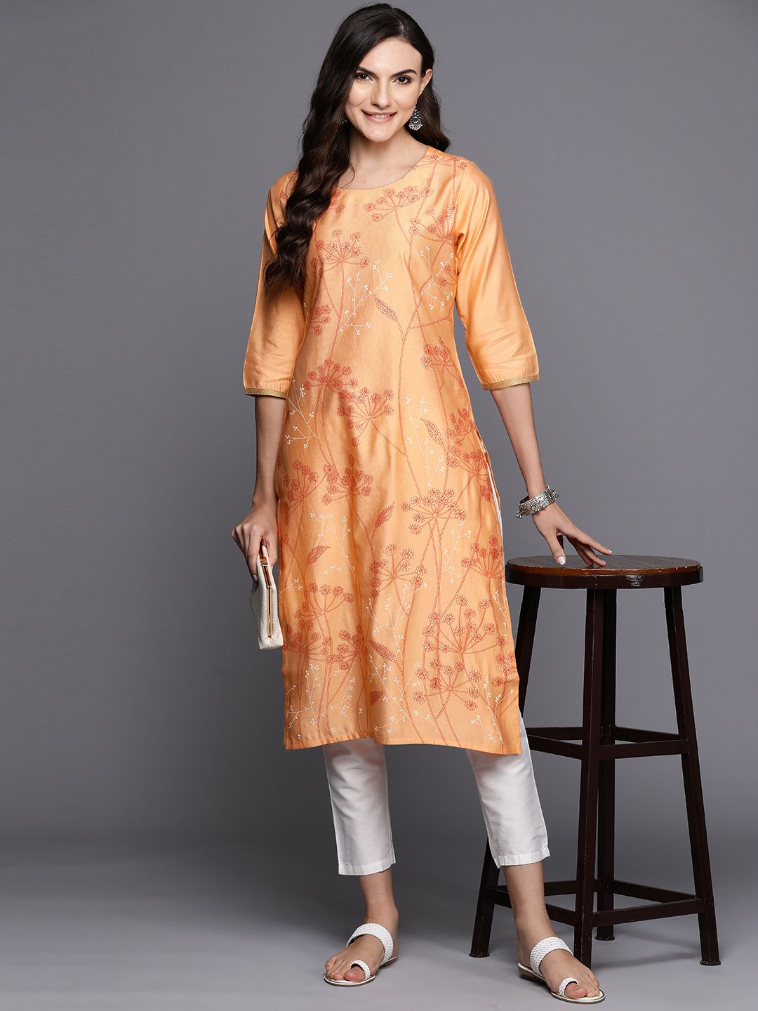 Indo Era Floral Printed Thread Work Detail Straight Kurta
