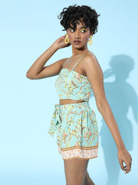 Berrylush Women Enchanting Sea Green 3 Piece Printed Jumpsuit