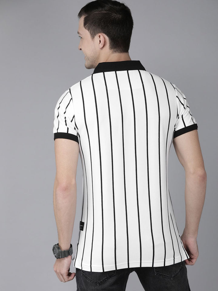 THE BEAR HOUSE Men White Black Striped Polo Collar Slim Fit Pure Cotton T-shirt