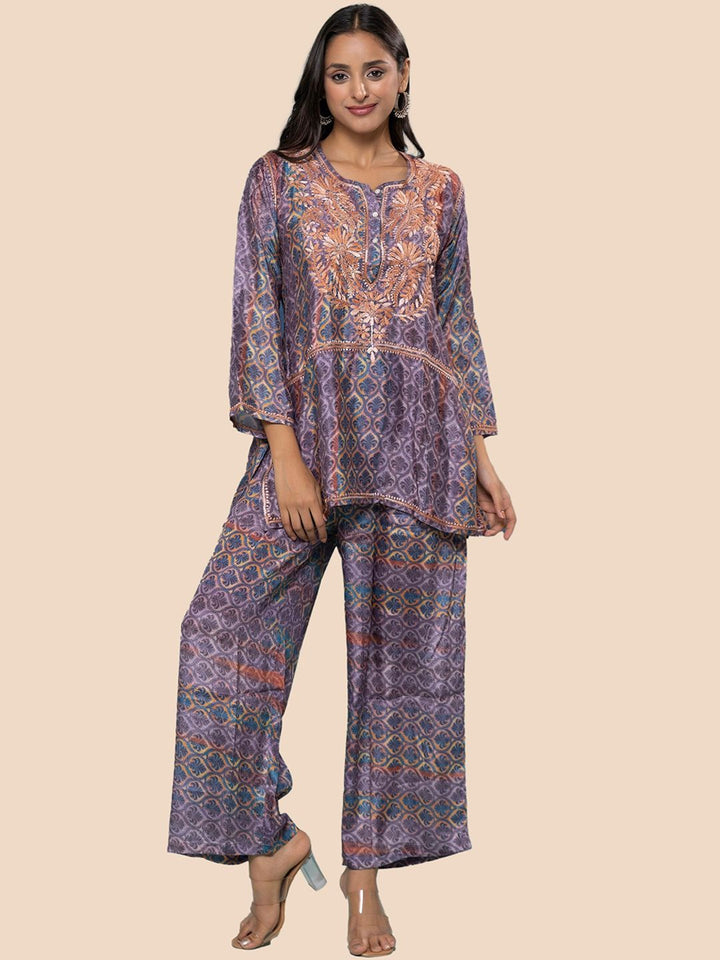 HOUSE OF KARI Floral Embroidered Regular Chikankari Straight Kurta with Palazzos