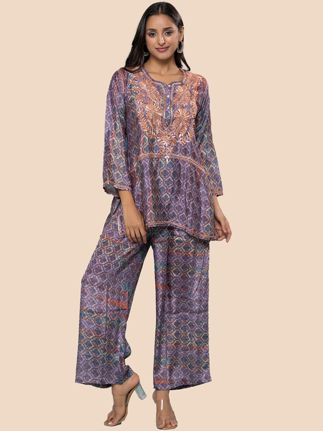 HOUSE OF KARI Floral Embroidered Regular Chikankari Straight Kurta with Palazzos